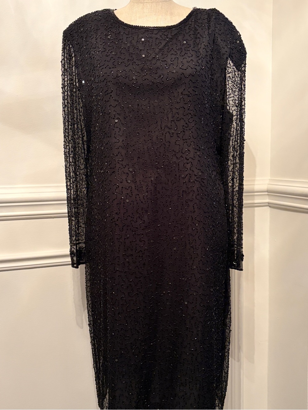 Black Beaded Silk Long Sleeve Evening Dress